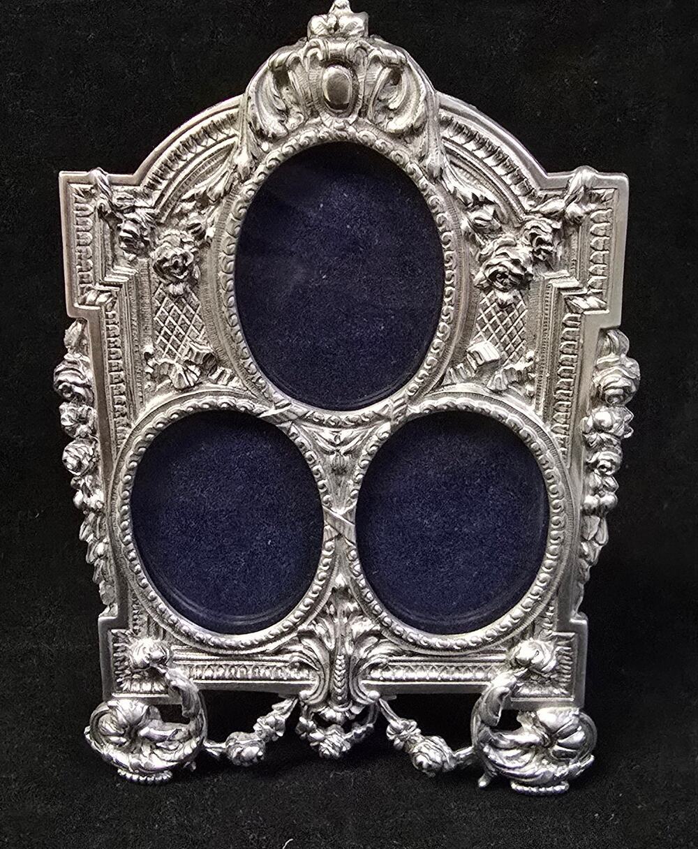 Elias Artmetal Ornate Triple Oval Fine Pewter+Sterling Silver Standing Frame